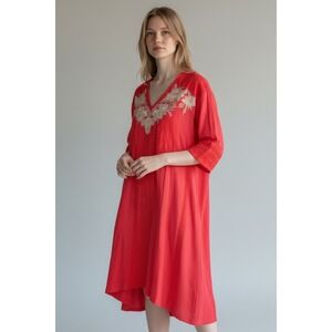 Johnny Was Embroidered V Neck Red Tunic Dress Women's Medium